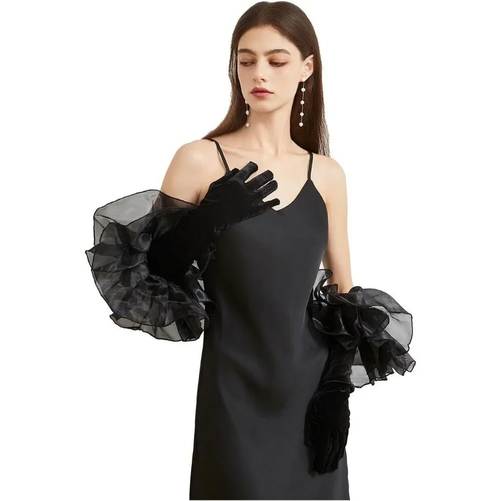 Women's Velvet Black 65cm Satin Tulle  Puff Long Gloves Banquet Wedding Party